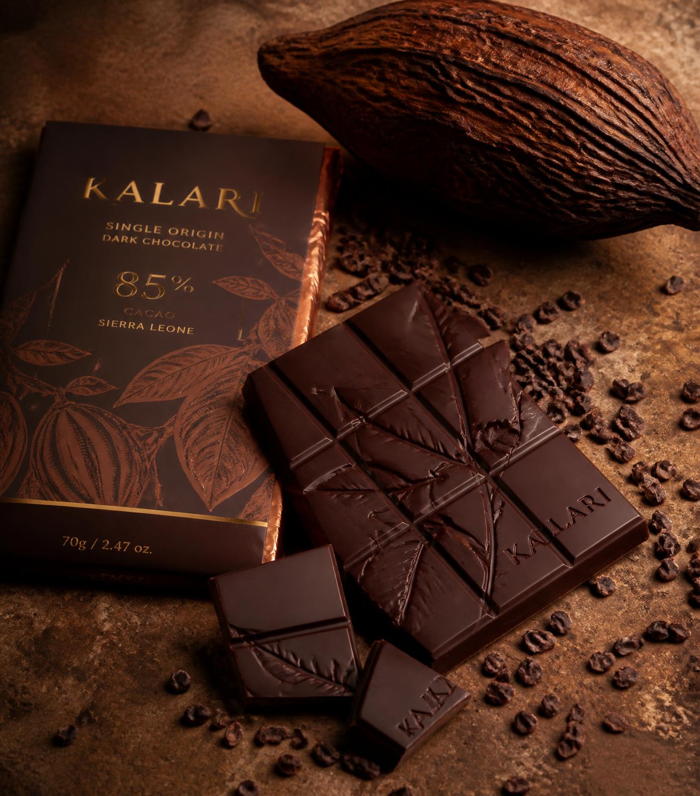 Single-origin dark chocolate bar with cacao pod and nibs