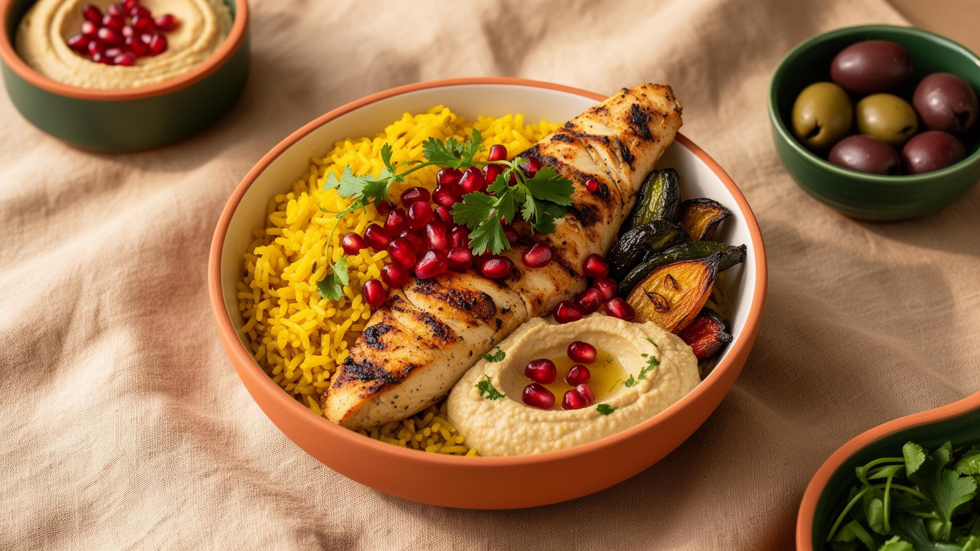 Mediterranean lunch bowl with saffron rice, grilled chicken and pomegranate